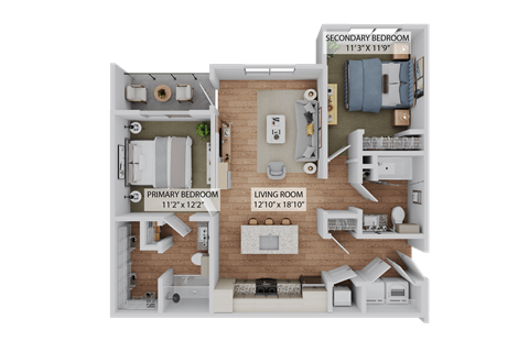 Floor plan for 2 beds, 2 baths, 1067 sqft